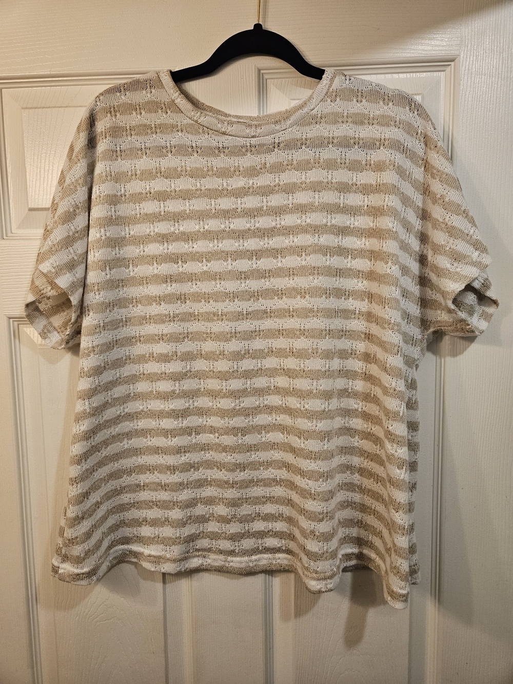 SHEIN Cream and Tan Striped Short Sleeve Knit Top